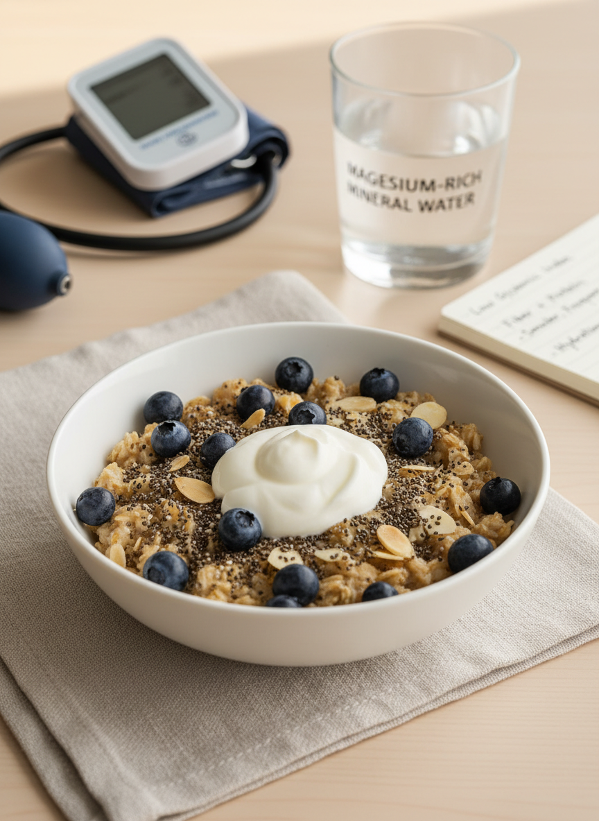 A close-up, photographic realistic shot of a white ceramic bowl filled with a carefully balanced, high-protein, high-fiber breakfast designed for preeclampsia and gestational diabetes management: oats topped with chia seeds, sliced almonds, blueberries, and a dollop of plain yogurt. The bowl rests on a pale linen placemat atop a matte light-wood table. In the softly blurred background, a blood pressure cuff and a glass of water with magnesium-rich mineral content label sit near a small notepad with handwritten dietary recommendations. Gentle, indirect daylight from the side creates soft highlights on the blueberries and yogurt, conveying a calm, evidence-based, clinically informed nutrition approach.