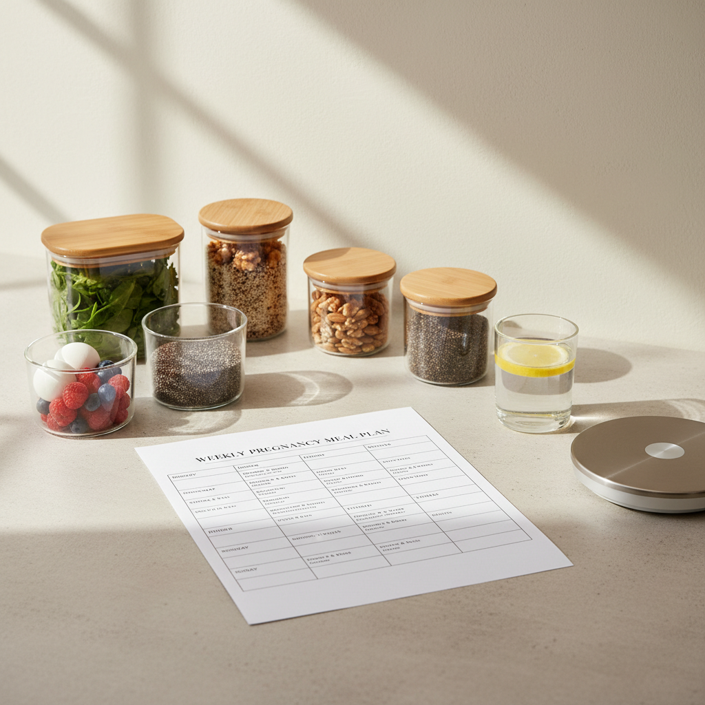 A minimalist kitchen countertop in photographic realism, featuring an open weekly meal plan for pregnancy printed on crisp white paper, surrounded by carefully portioned glass containers filled with leafy greens, berries, nuts, and whole grains. A clear glass of water with a slice of lemon stands beside a small digital kitchen scale. Soft, diffused morning light from a nearby window brightens the neutral-toned backsplash and casts gentle, clean shadows. Shot from a slightly elevated angle with balanced composition, the atmosphere feels organized, practical, and supportive, perfectly conveying structured, healthy perinatal nutrition planning without any human presence.