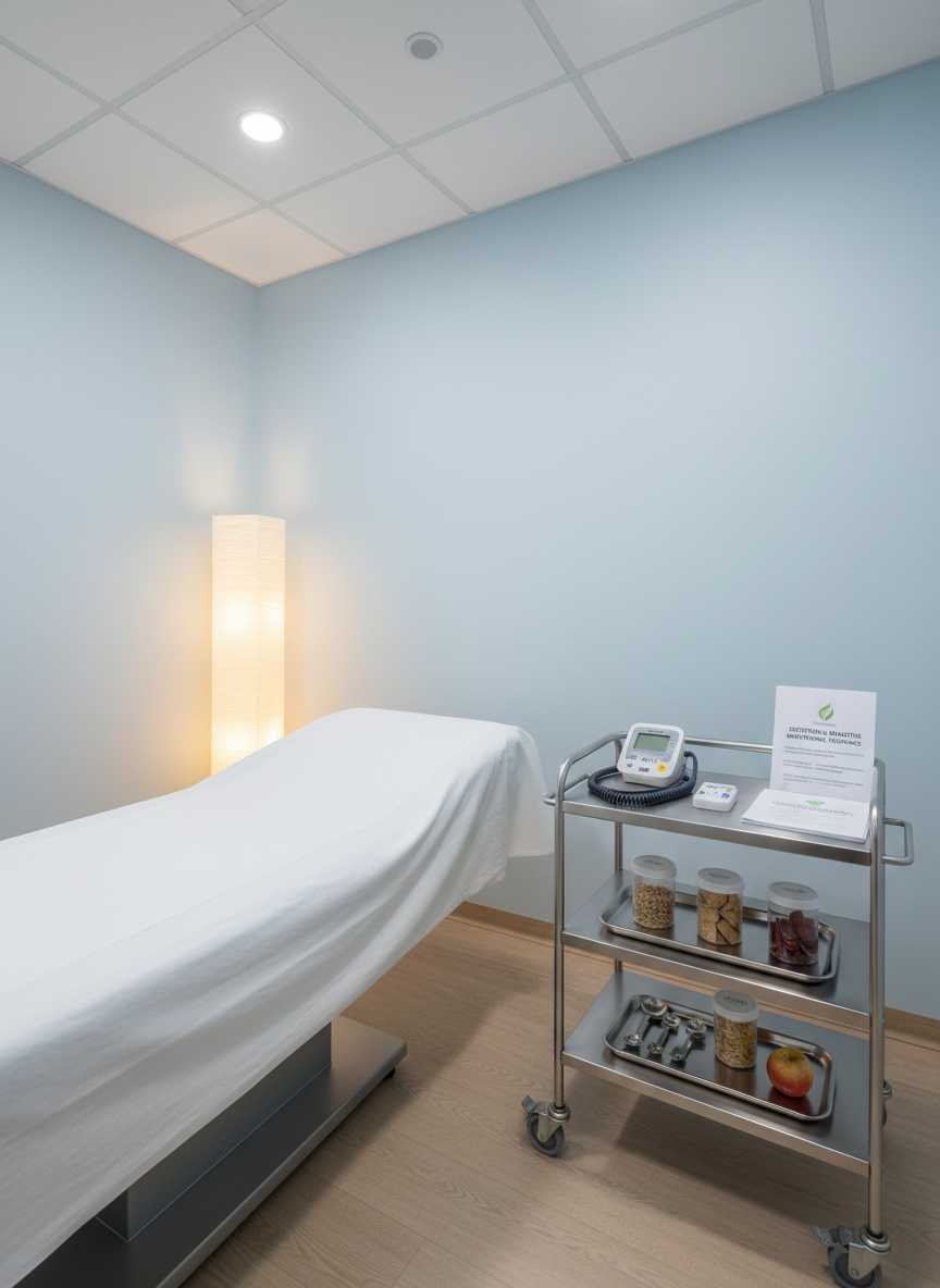 A clean, modern medical office examination table covered with a pristine white sheet, beside a compact rolling cart topped with a blood pressure monitor, glucometer, and neatly arranged nutritional counseling forms specific to gestational diabetes. A small tray holds measuring spoons and sample carbohydrate portions in clear containers. The room is bathed in soft overhead clinical lighting combined with a warm accent lamp in the corner, creating a professional yet comforting mood. Captured in photographic realism from an eye-level perspective, with a moderate depth of field that keeps both the equipment and paperwork sharp, emphasizing precise, specialized management of diabetes in pregnancy.