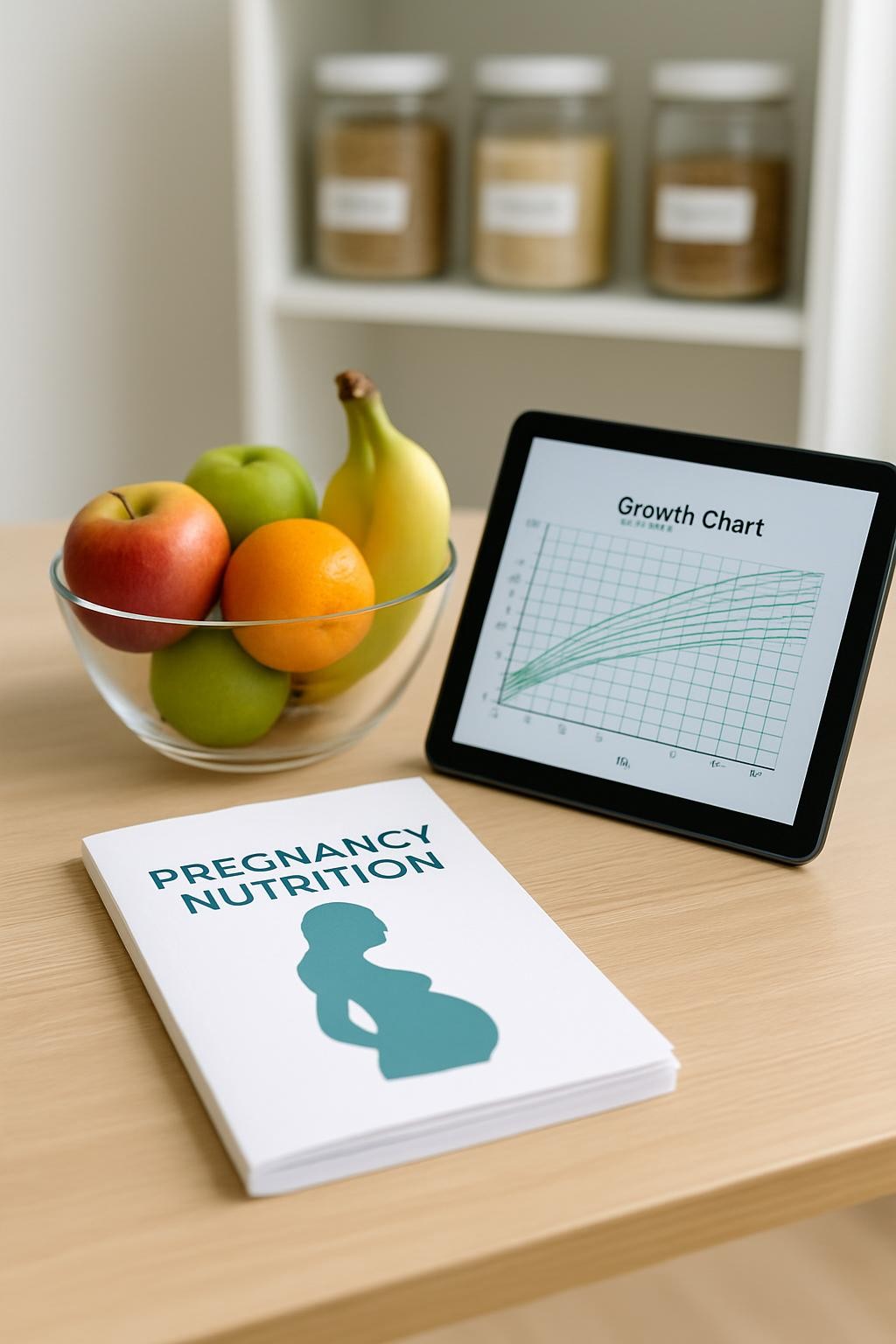 A bright, meticulously organized perinatal nutrition consultation desk with a sleek, light-wood surface, holding a neatly stacked pregnancy nutrition guide, a glass bowl filled with fresh colorful fruits, and a tablet displaying a clean growth chart. In the background, softly blurred white shelving shows labeled containers of whole grains and legumes. Natural daylight pours in from an unseen window, creating gentle reflections on the tablet screen and subtle shadows under objects. Photographic realism at eye level, with a calm, professional, and reassuring mood, composed using the rule of thirds and a shallow depth of field to keep the focus on evidence-based, modern perinatal nutritional care.